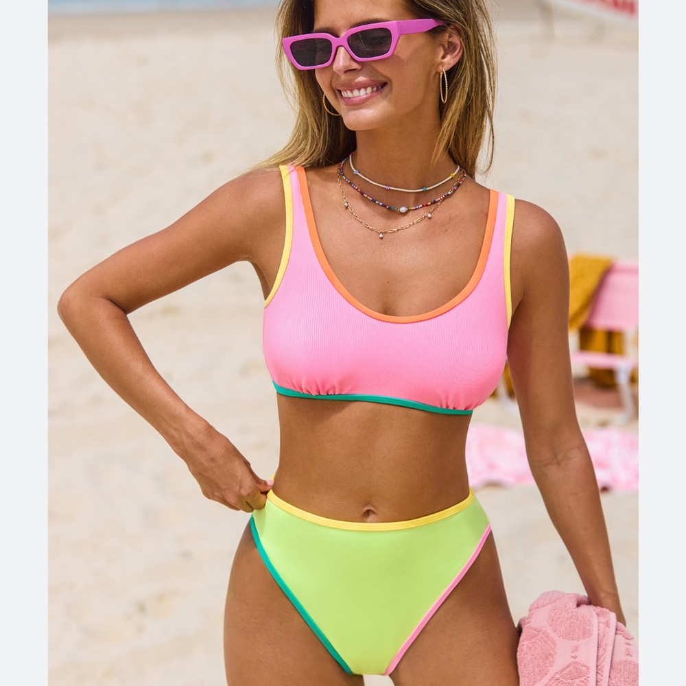 Cupshe Kittenish Neon Colorblock Scoop Neck Bikini - Pink & Lime